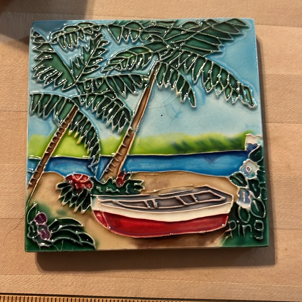 Continental art center 2-4 x 4 ceramic hand, painted tiles with hanger and stand